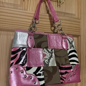 Pink and silver patchwork bag with animal print